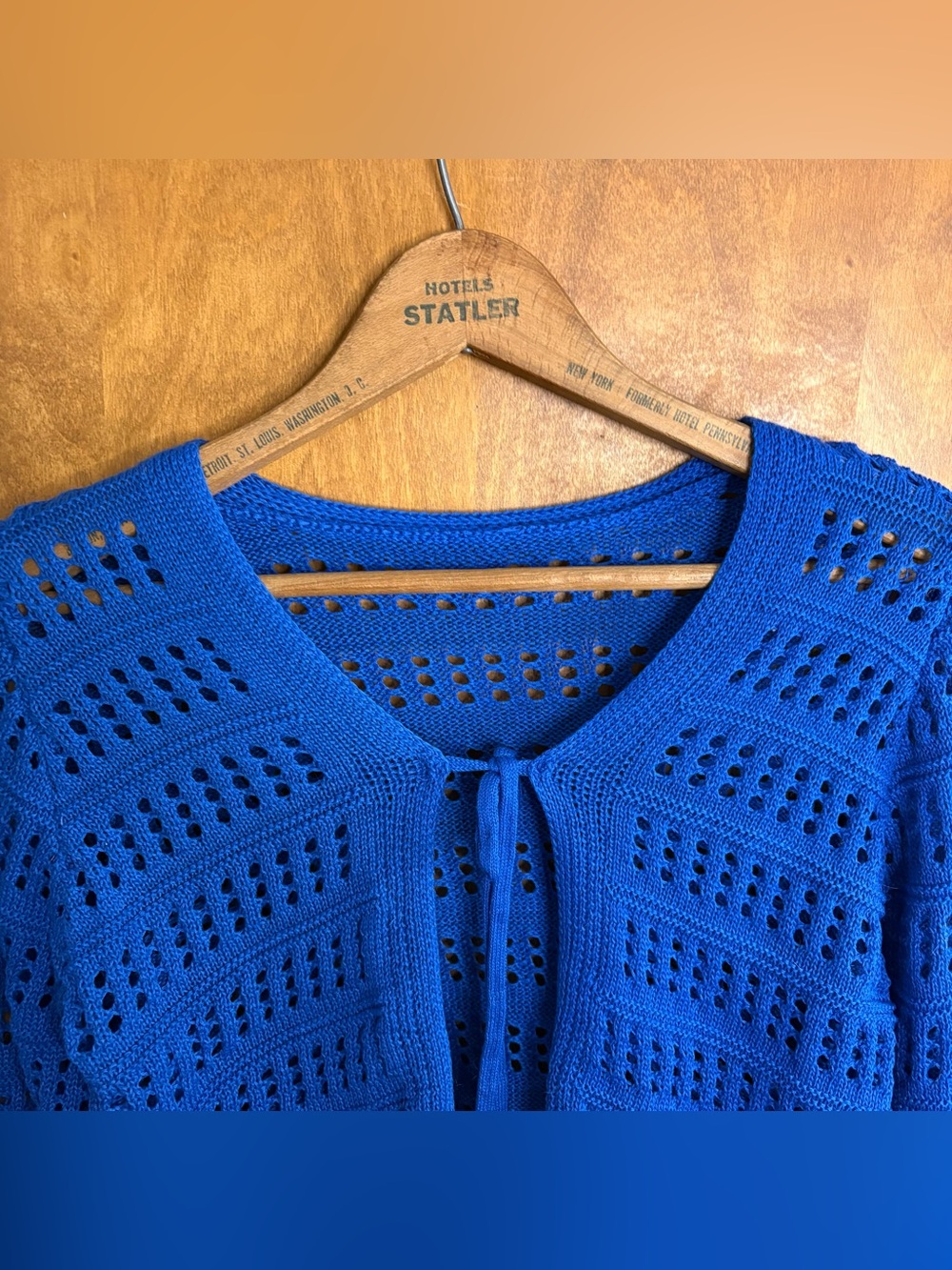 Blue Cropped Open Knit Crochet Tie Front Flyaway Cardigan Sweater Bell Sleeve - Picture 3 of 7